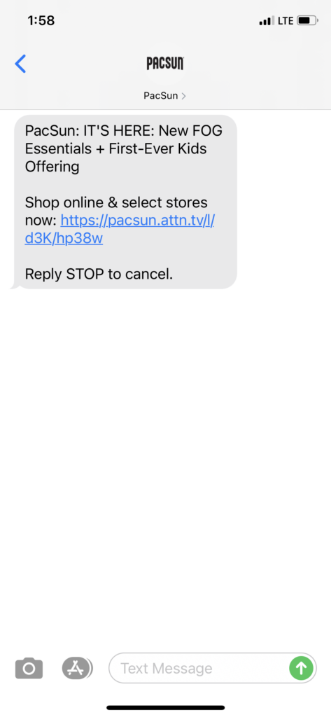 PacSun Text Message Marketing Example - 05.14.2021