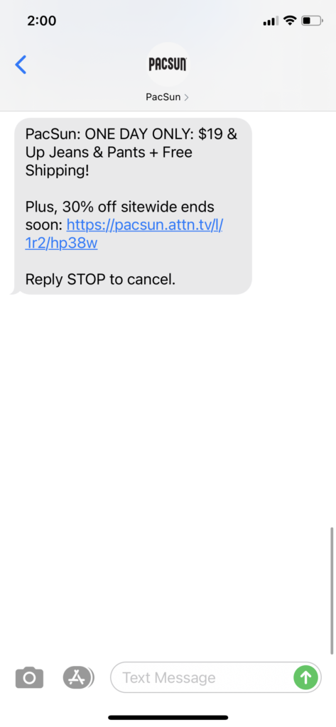 PacSun Text Message Marketing Example - 05.29.2021