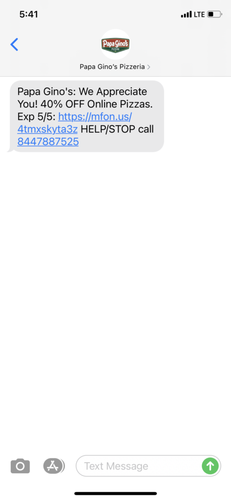 Papa Gino's Text Message Marketing Example - 05.03.2021