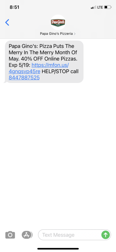 Papa Gino's Text Message Marketing Example - 05.17.2021