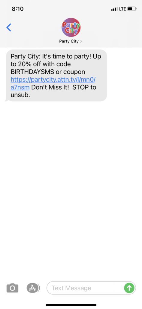 Party City Text Message Marketing Example - 05.19.2021