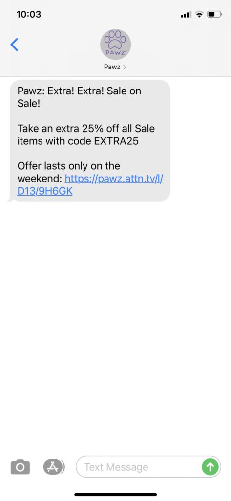 Pawz Text Message Marketing Example - 05.01.2021