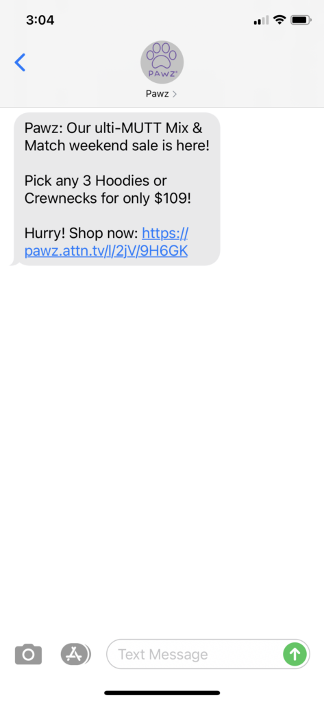 Pawz Text Message Marketing Example - 05.08.2021