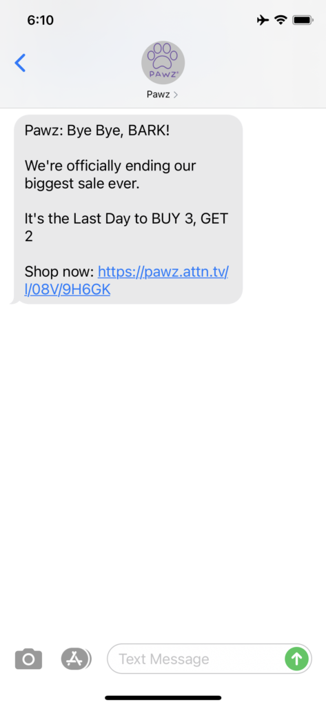 Pawz Text Message Marketing Example - 05.23.2021