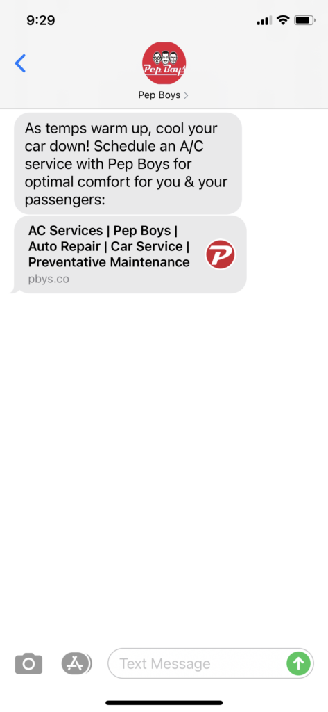 Pep Boys Text Message Marketing Example - 04.30.2021