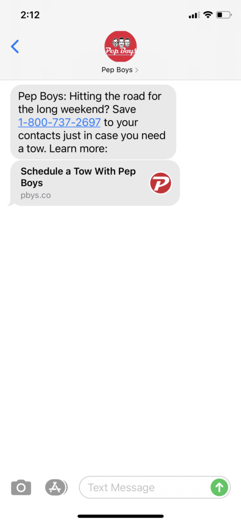 Pep Boys Text Message Marketing Example - 05.28.2021