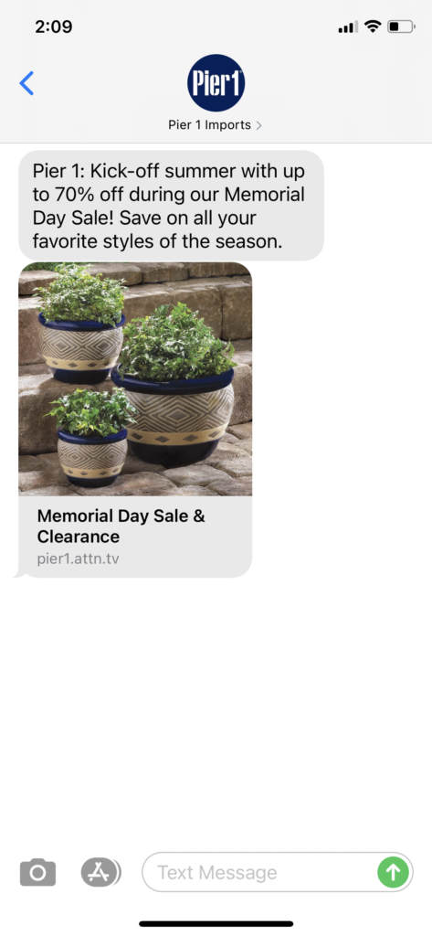 Pier 1 Text Message Marketing Example - 05.28.2021
