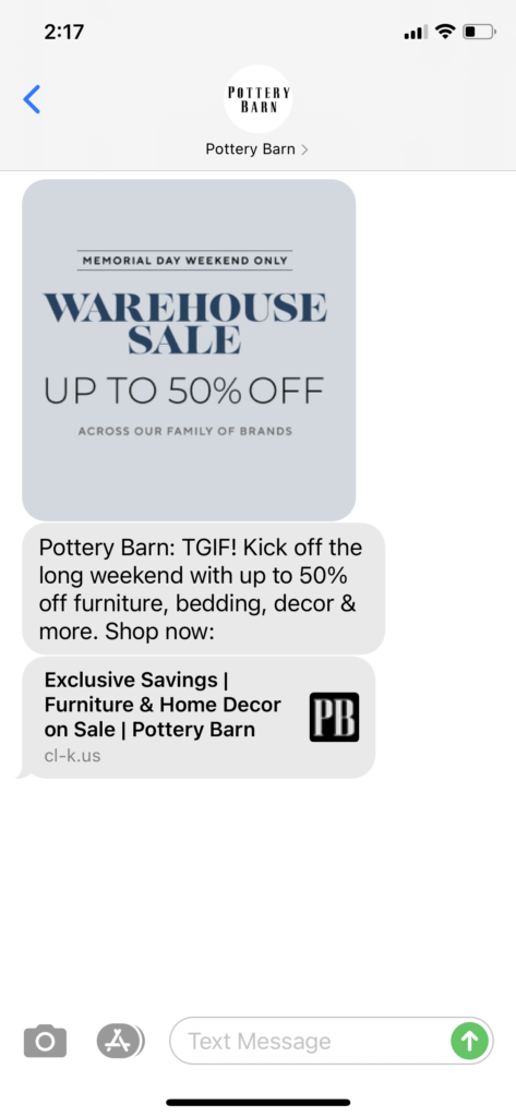 Pottery Barn Text Message Marketing Example - 05.28.2021