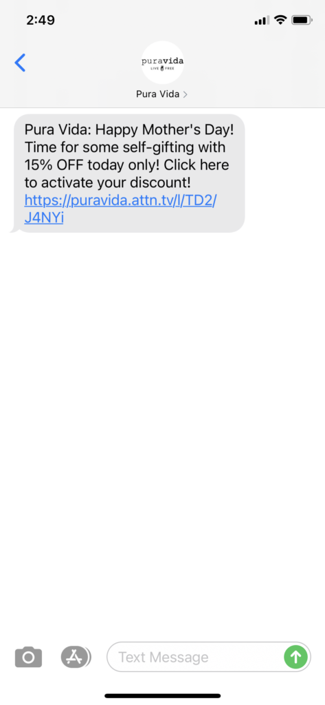 Pura Vida Text Message Marketing Example - 05.09.2021