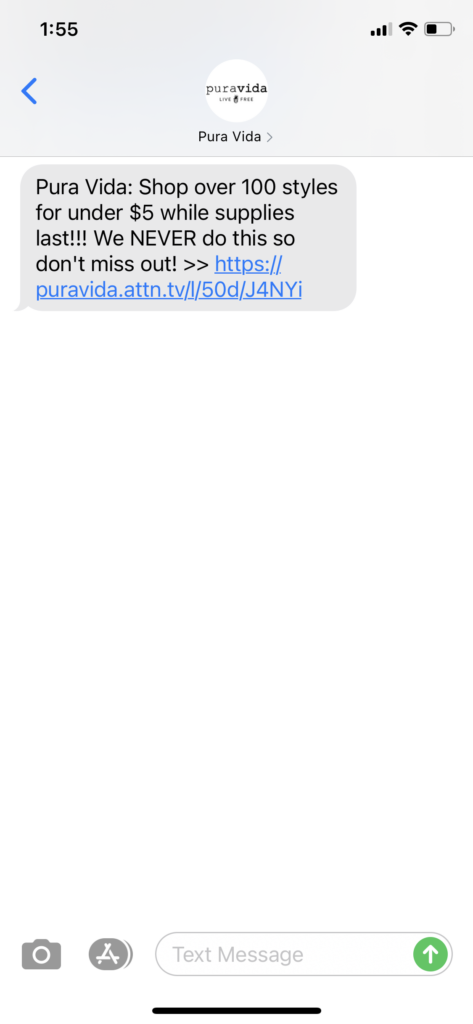 Pura Vida Text Message Marketing Example - 05.29.2021