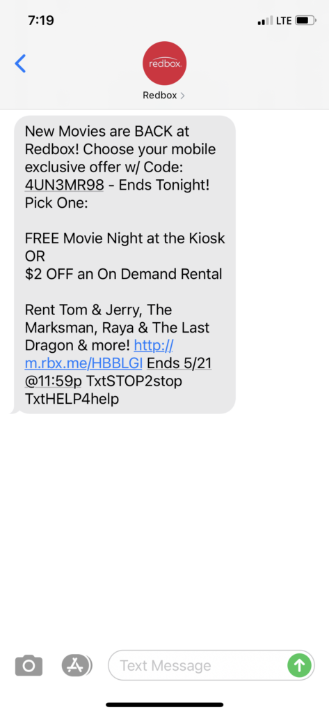 Redbox Text Message Marketing Example - 05.20.2021