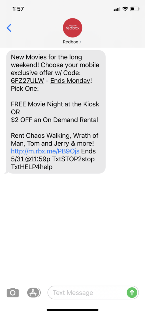 Redbox Text Message Marketing Example - 05.29.2021