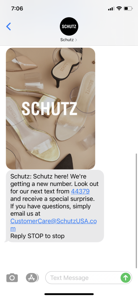 Schutz Text Message Marketing Example - 05.25.2021