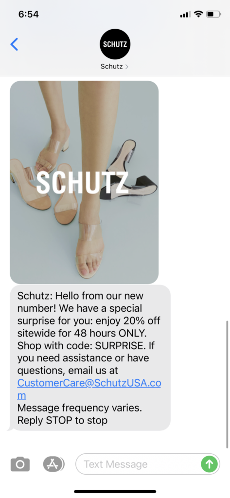 Schutz Text Message Marketing Example - 05.26.2021