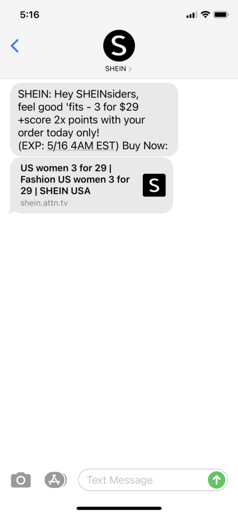 Shein Text Message Marketing Example - 05.15.2021