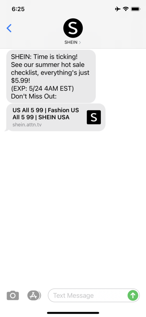 Shein Text Message Marketing Example - 05.22.2021