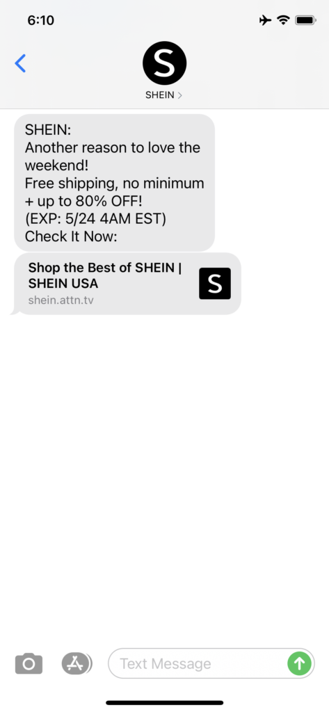 Shein Text Message Marketing Example - 05.23.2021