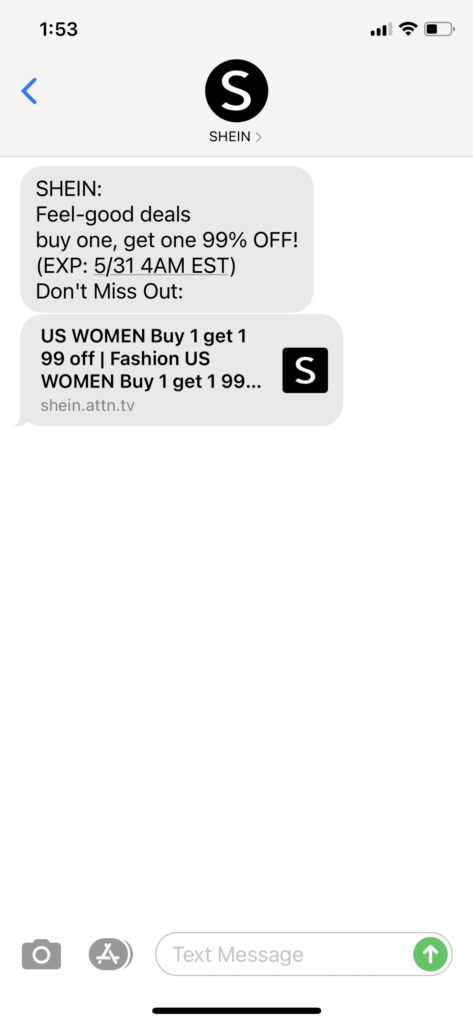 Shein Text Message Marketing Example - 05.29.2021