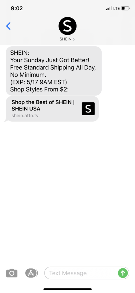 Shien Text Message Marketing Example - 05.16.2021