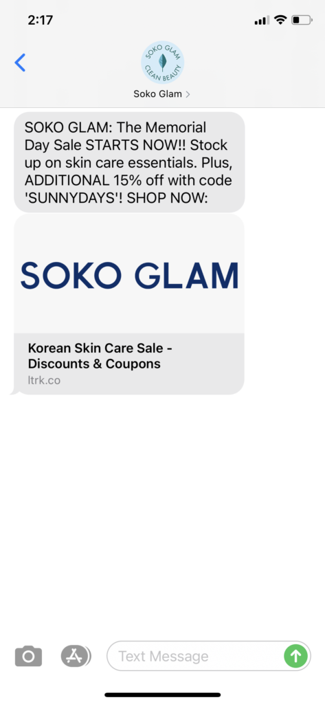 Soko Glam Text Message Marketing Example - 05.28.2021