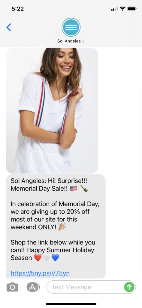 Sol Angeles Text Message Marketing Example - 05.15.2021