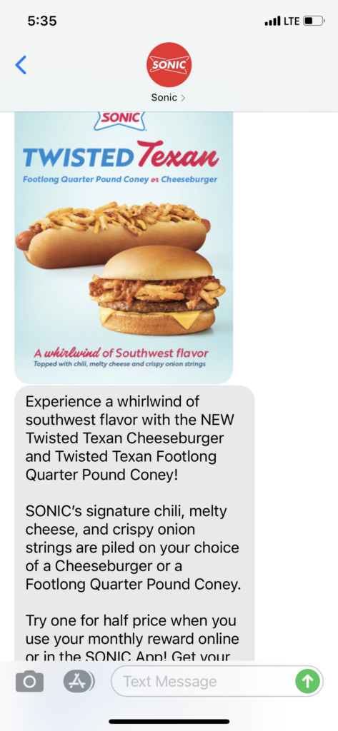 Sonic Text Message Marketing Example - 05.03.2021