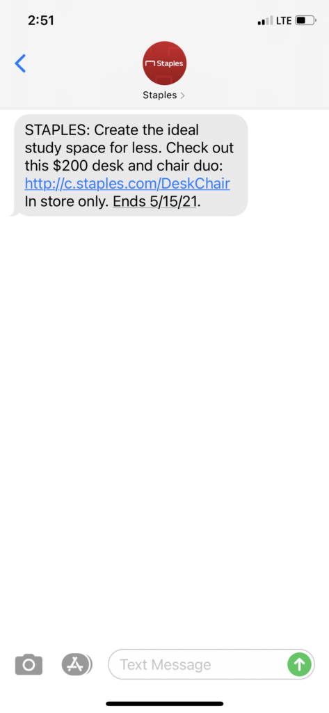 Staples Text Message Marketing Example - 05.11.2021