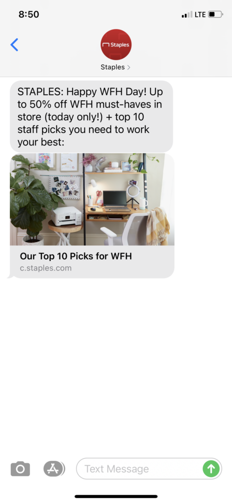 Staples Text Message Marketing Example - 05.16.2021
