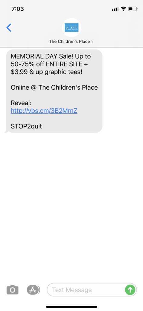 The Children's Place Text Message Marketing Example - 05.25.2021