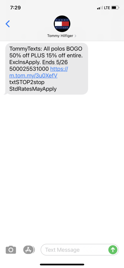 Tommy Hilfiger Text Message Marketing Example - 05.20.2021