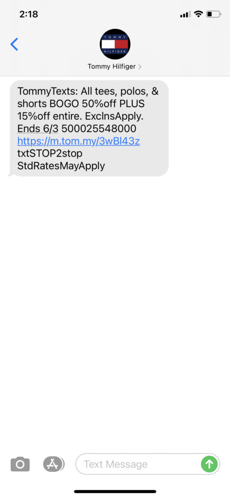 Tommy Hilfiger Text Message Marketing Example - 05.28.2021