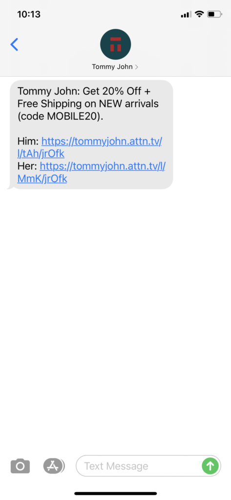 Tommy John Text Message Marketing Example - 04.29.2021