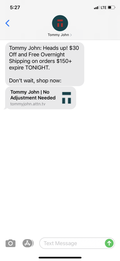 Tommy John Text Message Marketing Example - 05.04.2021