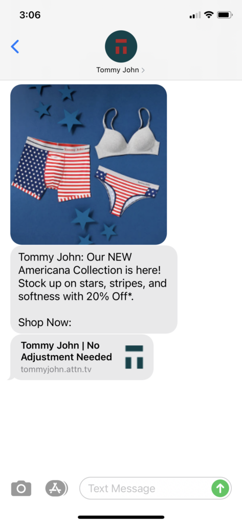 Tommy John Text Message Marketing Example - 05.07.2021