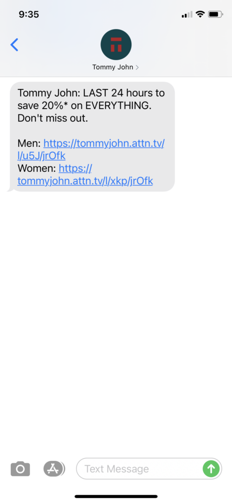 Tommy John Text Message Marketing Example - 05.10.2021