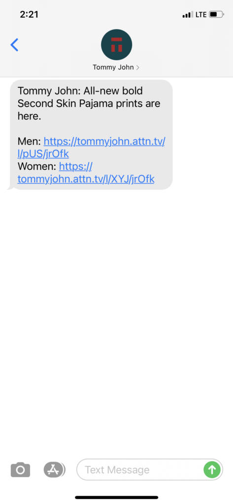 Tommy John Text Message Marketing Example - 05.11.2021