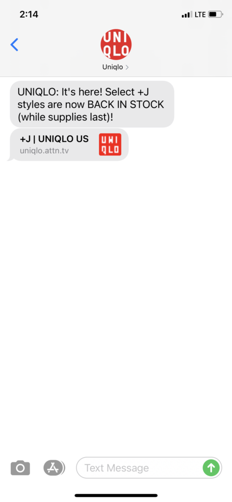UNIQLO Text Message Marketing Example - 05.13.2021