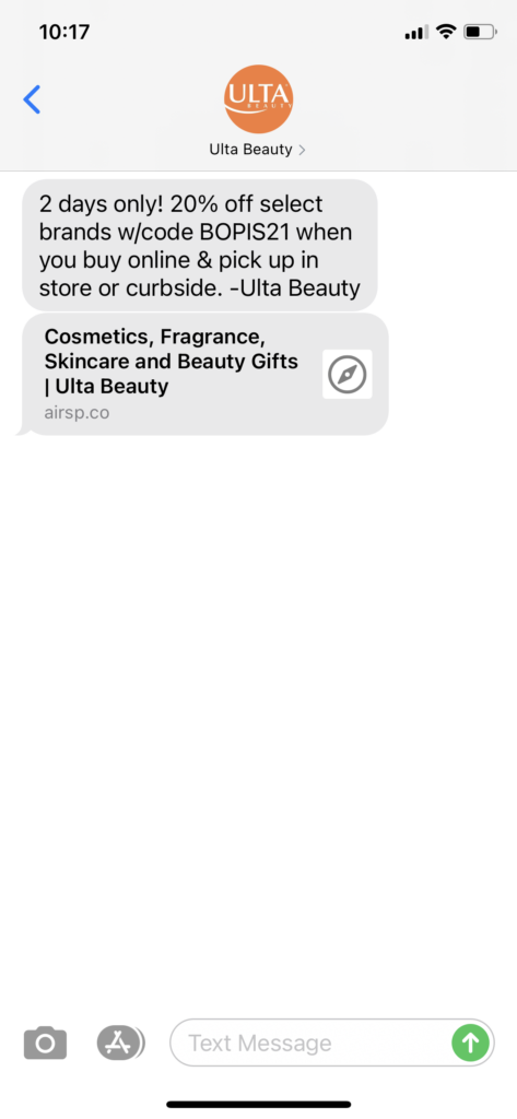 Ulta Beauty Text Message Marketing Example - 04.29.2021