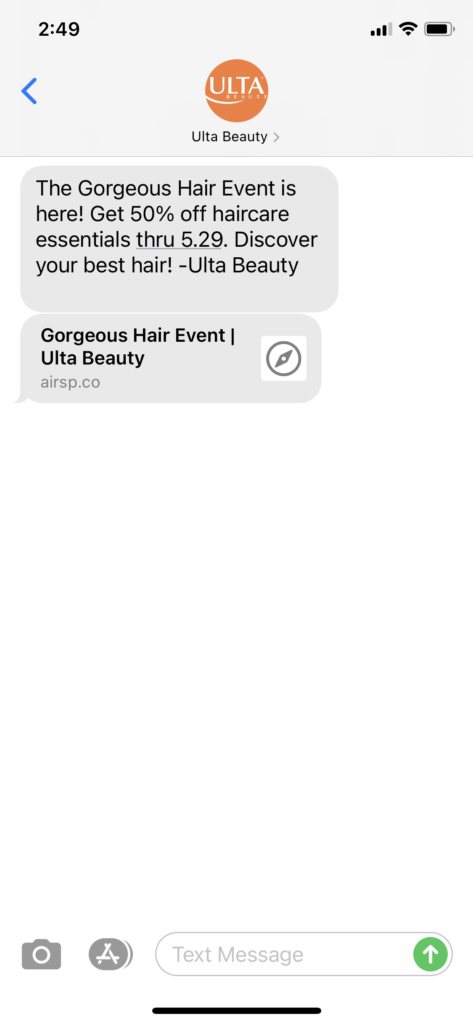 Ulta Beauty Text Message Marketing Example - 05.09.2021