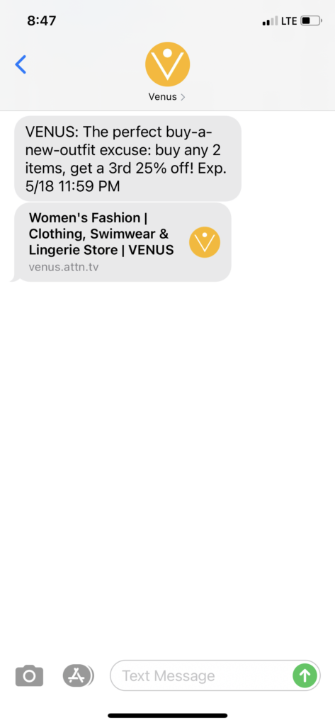 Venus Text Message Marketing Example - 05.16.2021