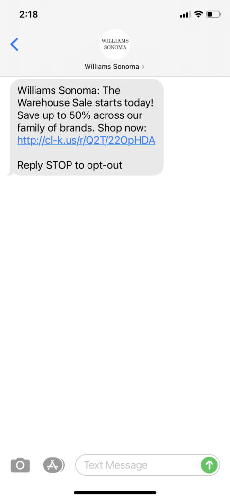 Williams Sonoma Text Message Marketing Example - 05.28.2021