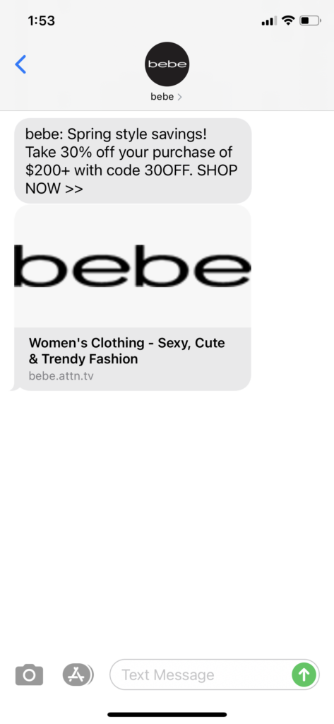 bebe Text Message Marketing Example - 05.29.2021