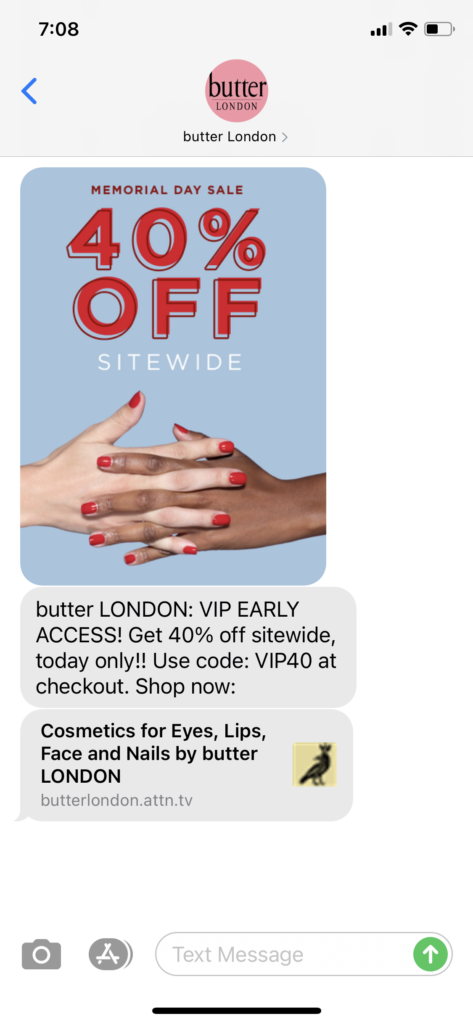 butter London Text Message Marketing Example - 05.25.2021