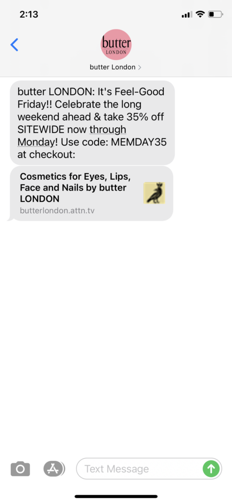 butter London Text Message Marketing Example - 05.28.2021