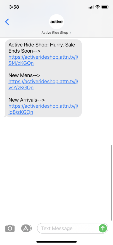 Active Ride Shop Text Message Marketing Example - 05.30.2021