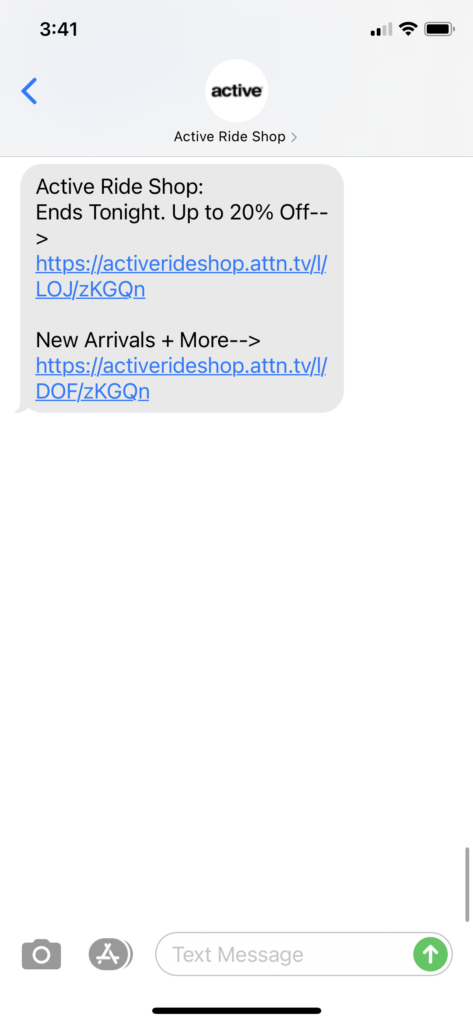 Active Ride Shop Text Message Marketing Example - 05.31.2021