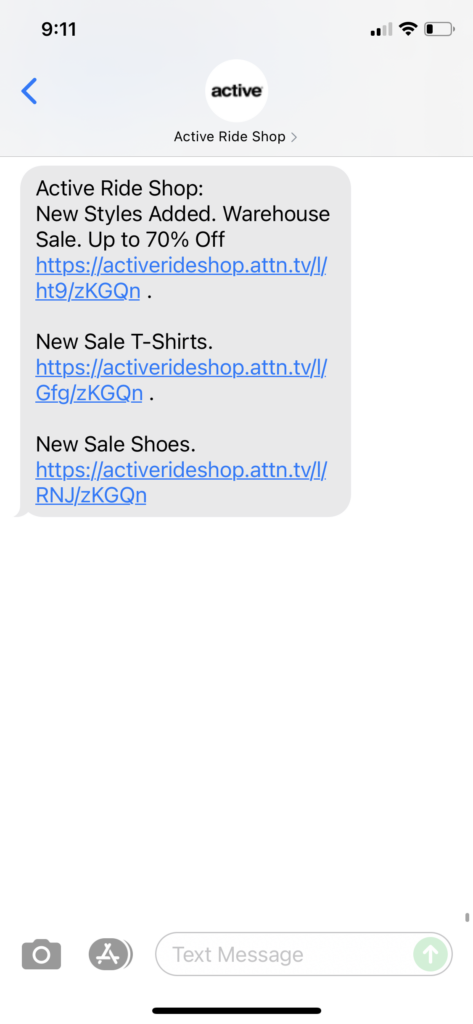 Active Ride Shop Text Message Marketing Example - 06.29.2021