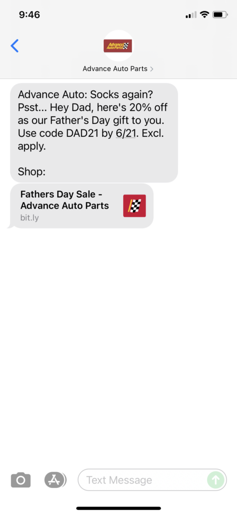 Advance Auto Text Message Marketing Example - 06.18.2021