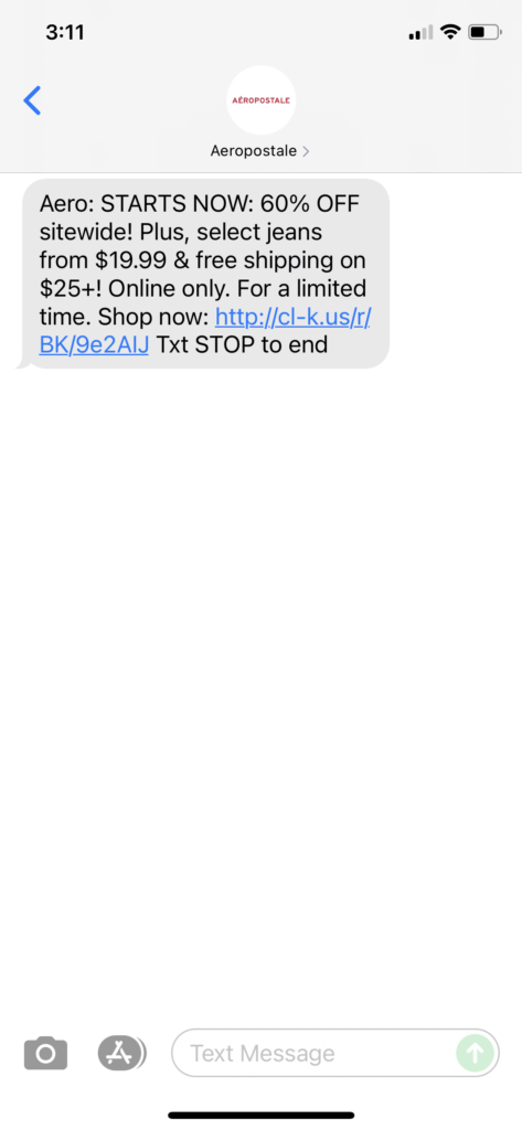 Aeropostale Text Message Marketing Example - 06.20.2021