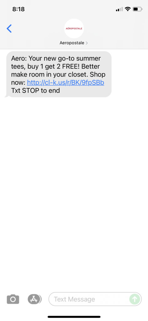 Aeropostale Text Message Marketing Example - 06.24.2021